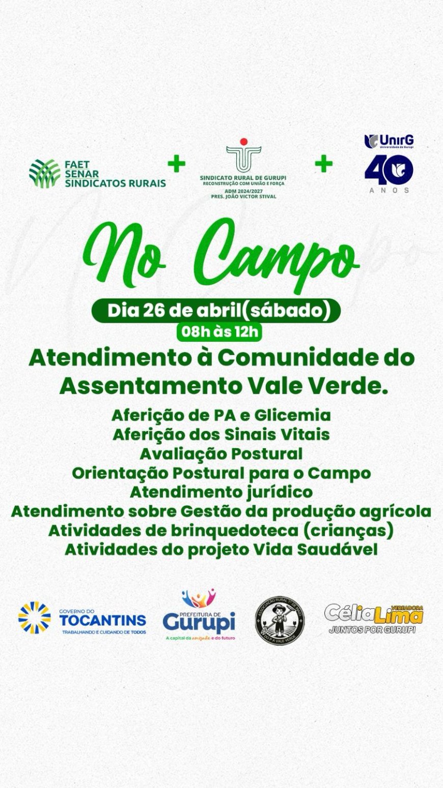 Projeto da UnirG levará diversos serviços gratuitos ao Assentamento Vale Verde